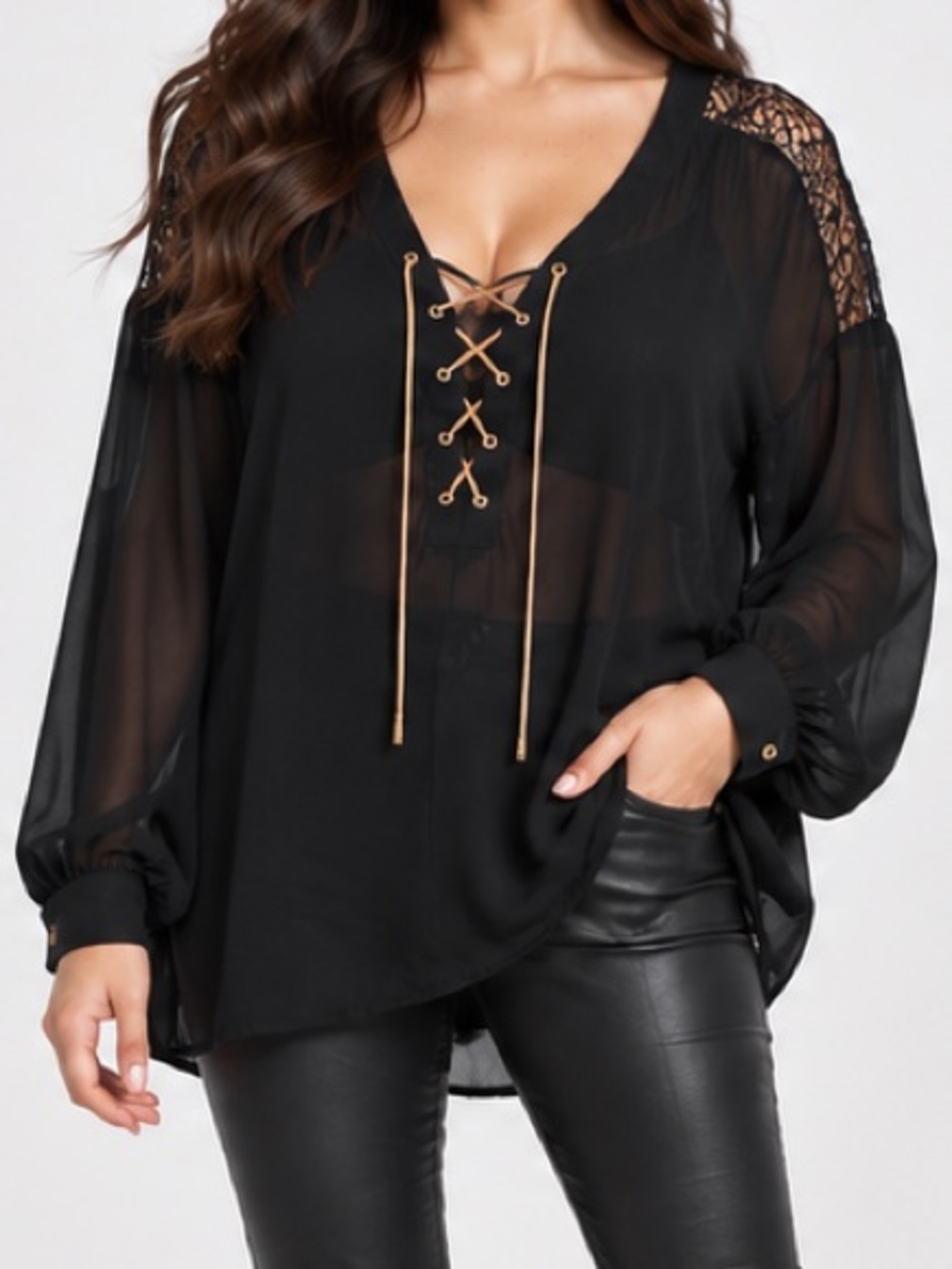 Oh My Julian Black Sheer Lace Up Blouse Lace Shoulder Convertible Sleeve